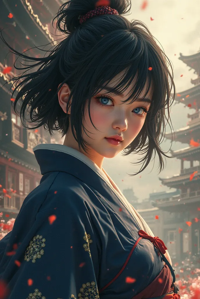 ((best quality)), ((masterpiece)), ( details), hidden hair,Samurai girl, firm thighs, light smile, dynamic action pose, V-shaped eyebrows, grinning expression, looking at the viewer, slight blush, complex traditional Japanese background, soft lighting, sub...