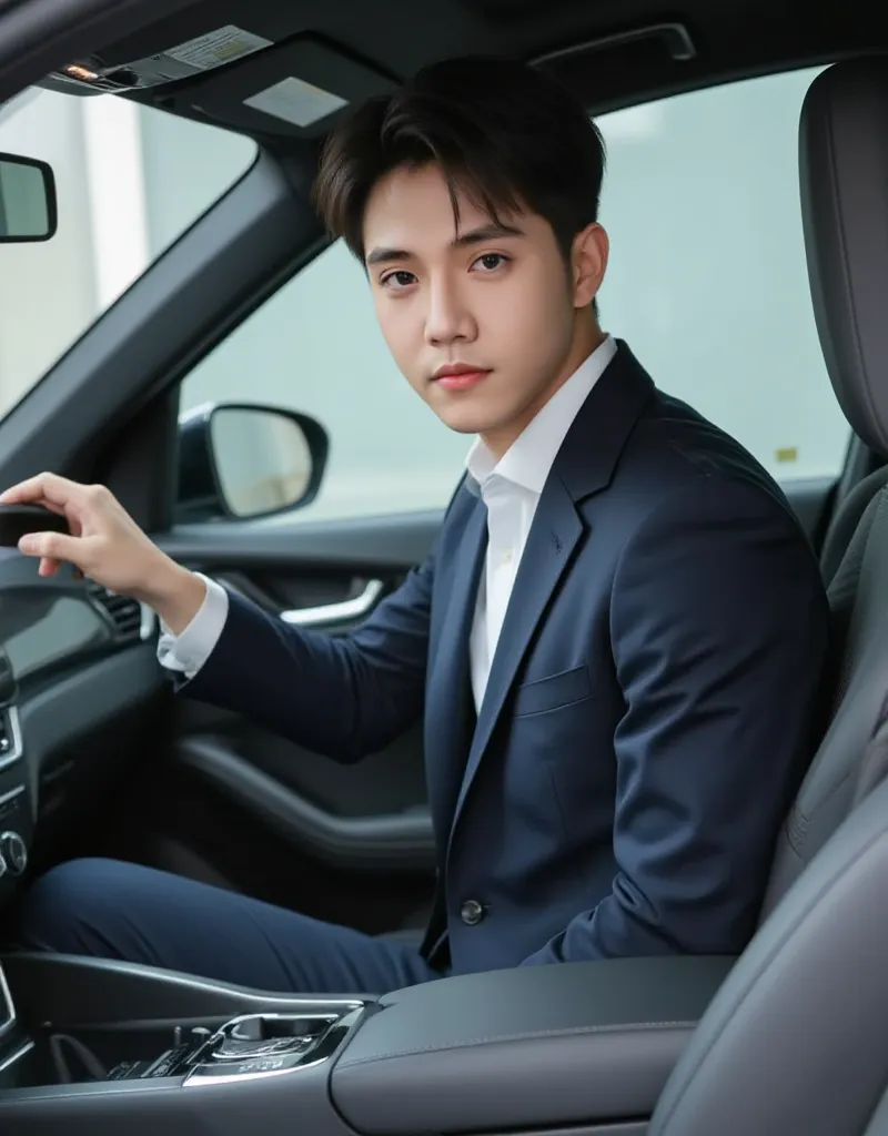 20 years old handsome young CEO sitting in a Chinese car