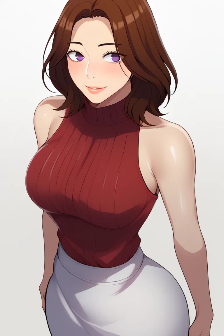 score_9,score_8_above,score_7_above, Detailed face, source_anime, Aunt Junho def, purple eyes, eyes detailed, detailed hair, brown hair,  medium hair, 
simple bottom, white background, distracted look, medium breasts, detailed breasts,  medium hips, big as...