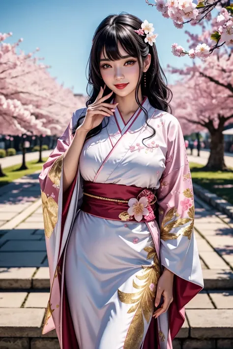  beautiful black hair ,Aligned bangs,Bright red lips,Pink Eyes,white skin,Beautiful Japanese clothing,smile,Ultra HD,Ultra High Quality,masterpiece,dslr,Photorealistic, Detailed Details,Vivid details,is drawn in detail,detailed face, Detailed Details,Super...