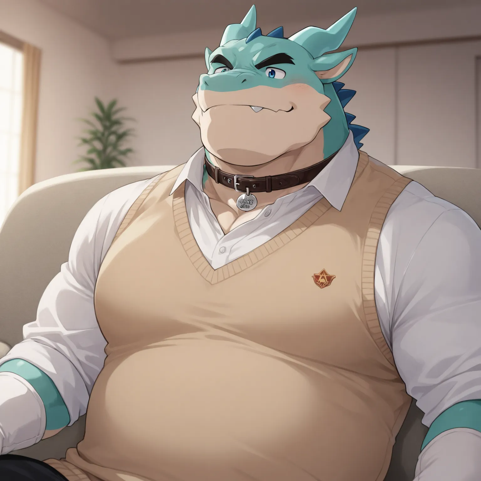 High Quality, Male, Dragon, Anthro(Dragon),Chubby,(Black eyebrows:1.1),(Perfect eyes),Smooth Skin，（artist:Takemoto Arashi），Living Room background，claw，（Sweater-vest:1.3）。Wearing a Leather collar around his neck. Wearing fancy white gloves on his hands, fan...