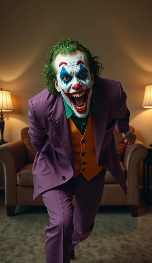 A character who has an exaggerated expression of shock and shock The exaggerated ones include furrowed eyebrows bulging eyes and a wide open mouth with an appearance like a famous joker, wearing a purple suit green shirt orange vest. The character has a fa...