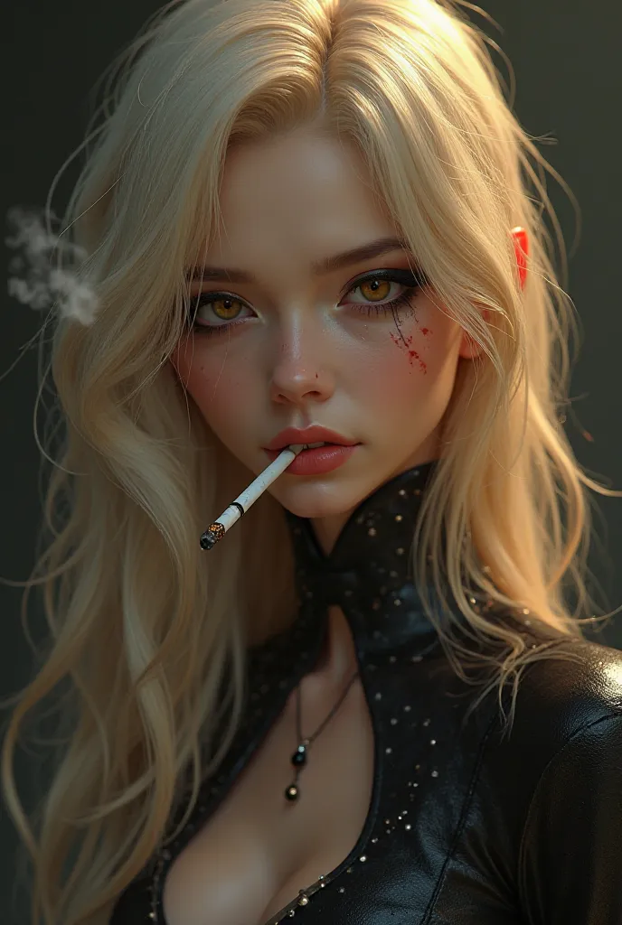 Animated baddie with pale skin, long blonde hair. She has light brown asian eyes and wear black eyeshadow. She has a thin nose and thin lips. She's smoking a cigarette 