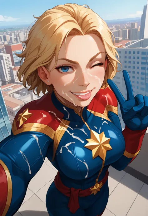 score_9, score_8_up, score_7_up BREAK, captain marvel, short hair, blonde hair, hair gelled up,carol danvers, sides shaves, very short hair, hair gel, hair spiked up,,selfie, high angle , blue eyes,   gloves, sash, large breasts, curvy, toned, athletic, g4...