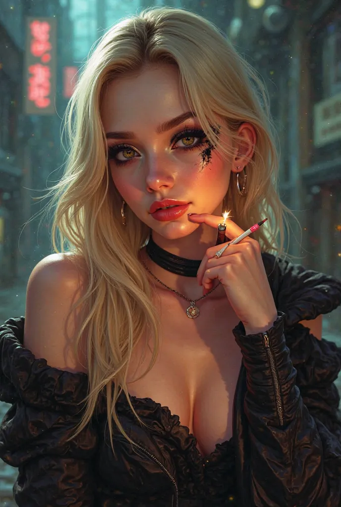 Baddie cartoon girl with pale skin, long blonde hair. She has light brown asian eyes and wear black eyeshadow. She has a thin nose and thin lips. She's smoking a cigarette 