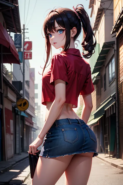 1 Female、American Beauty、Super beautiful、Facial beauty、blue eyes、Standing、punk rock outfit、mini skirt、crimson long Hair、Night Street、Backlight、slums、Arcane、Thigh-up shot、cropped top with open shirt