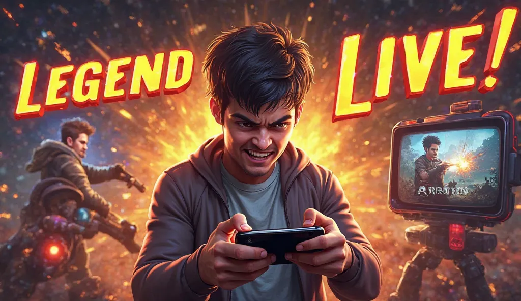 You (The Gamer) in the center, with a fierce expression and maybe a hand holding a gaming mobile or tapping on a mobile screen. Make sure you're in action to convey excitement.



2. Game Action:

On one side, include a screenshot or action-packed scene fr...