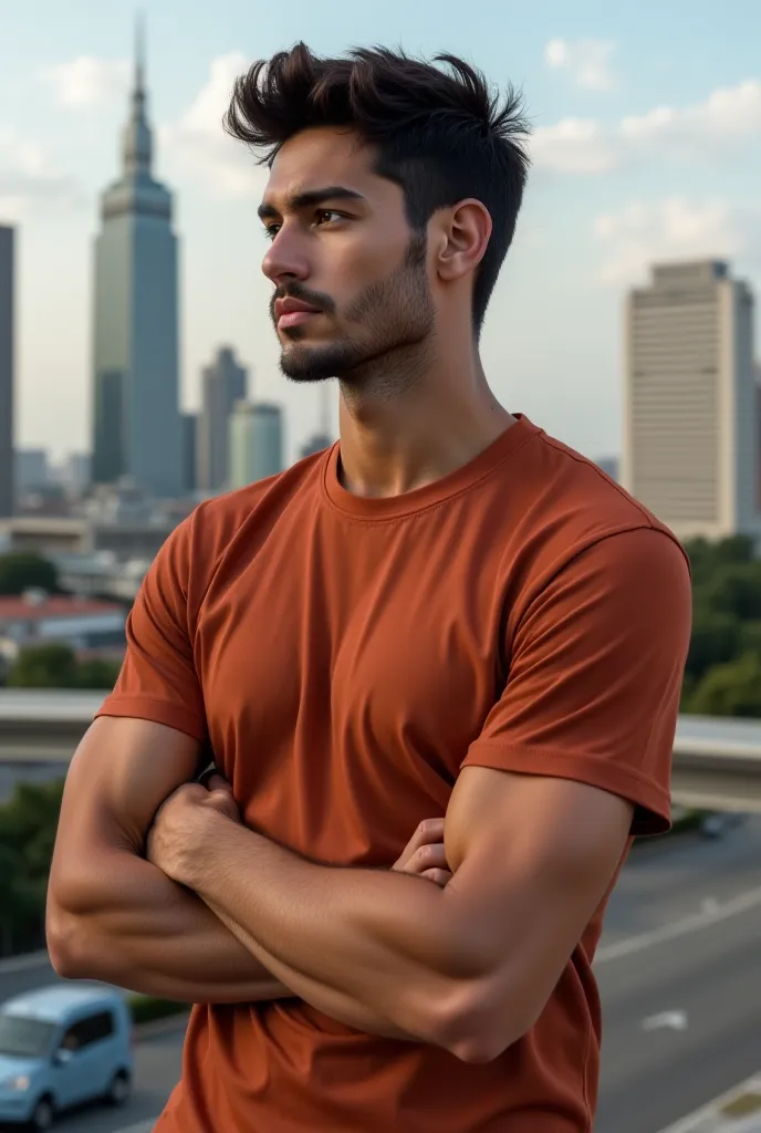 Create an image to sell 100 mesh t-shirt% Cotton thread 30.1 in brown color with a reddish tint Showing details. ultra realistic photos. Brazilian brunette mixed-race male model in the photo. The color has to be exactly as it is. The male model in the phot...