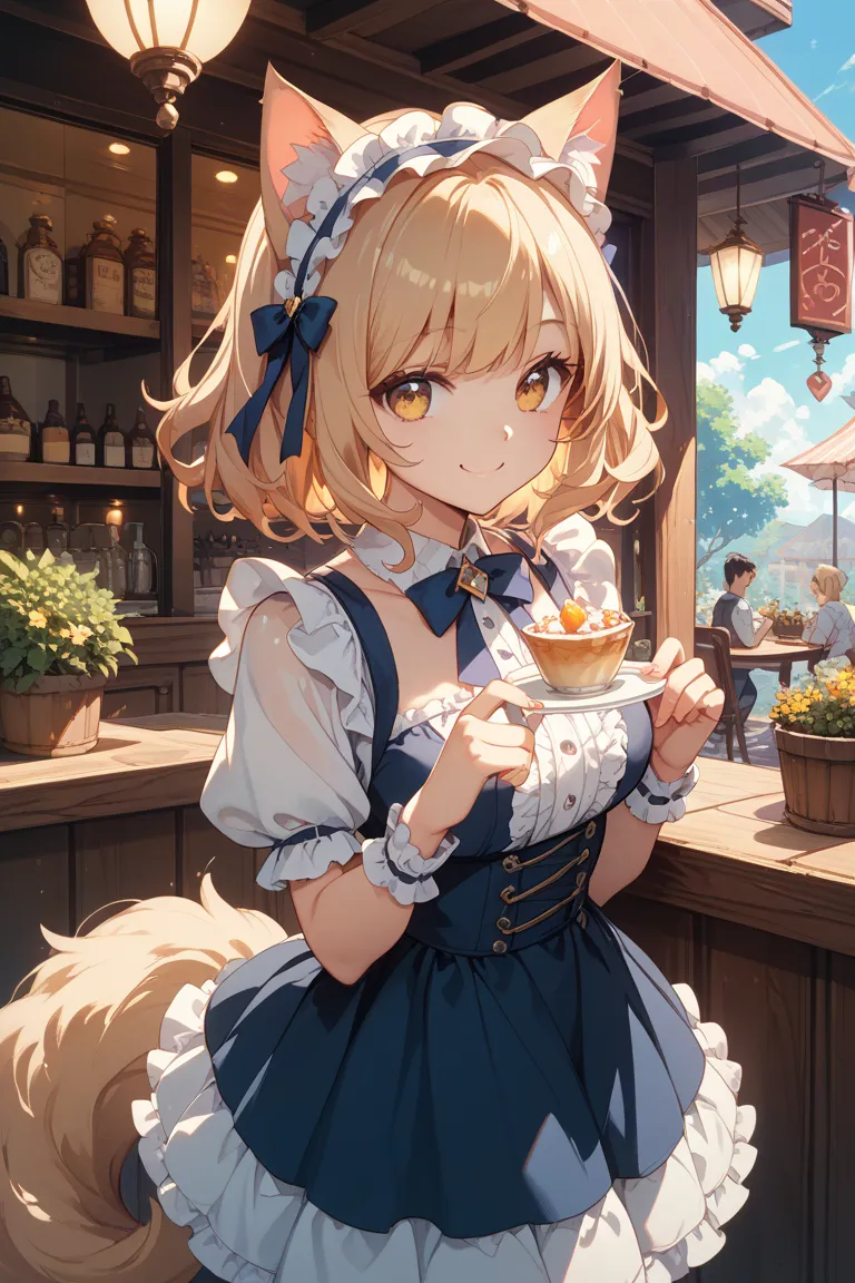 Girl with cute cat ears、Fluffy tail、Golden Eyes、Big cat ears、Fluffy Lolita-style clothes、smiling sweetly、The background is a cafe shrouded in soft light