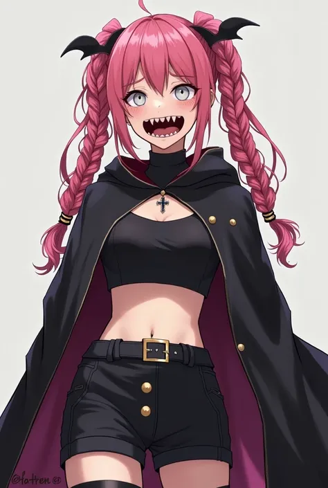 A boy is inside a pink haired females mouth the female has very pretty teeth she is wearing (Cropped high-neck top with a center cut-out, high-waisted shorts, thigh-high stockings, oversized dark cloak, pink braided pigtails, pale sleepy eyes) 