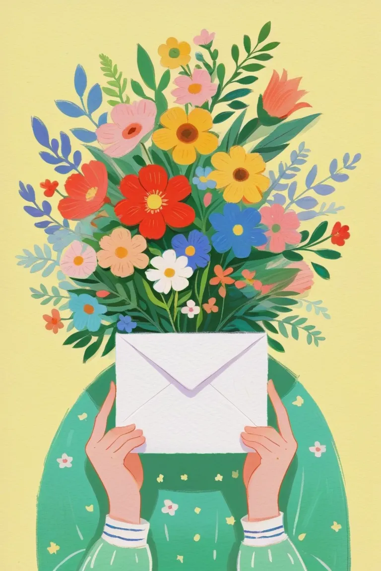 lo-fi illustration ,  cute hand-painted , Picture Book Illustration，envelopes filled with flowers