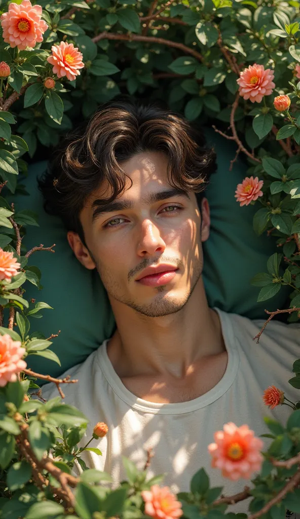 handsome young man lying in the bushes and thorns and beautiful flowers, top view camera