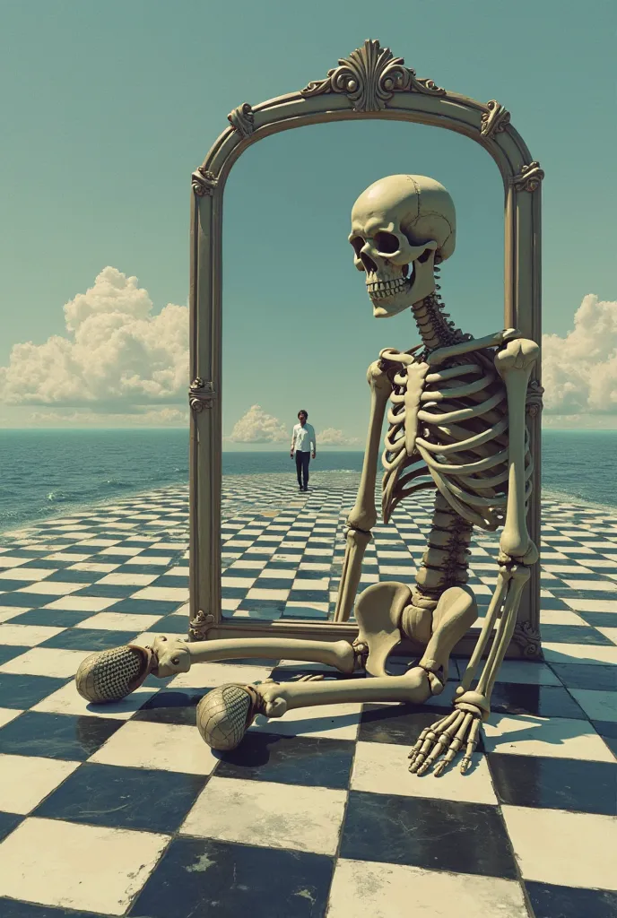 Skeleton sitting on the checkerboard floor. A mirror whose reflection is a living man. On the horizon you can see the sky and the sea. surreal style