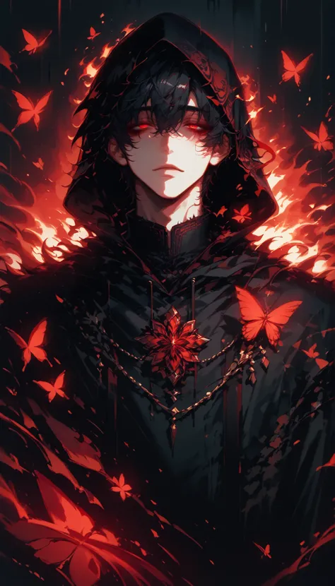 (score_9, score_8_ up), score_7_, cowboy shot, dark atmosphere, Adult male,  black hair,  (plain black robe with hood over head),  one boy ,  red eyes,  sexy boy ,  bangs over eyes、Downcast eyes、Thin eyebrows,  short hair,  ((red butterflies, red eyes in b...