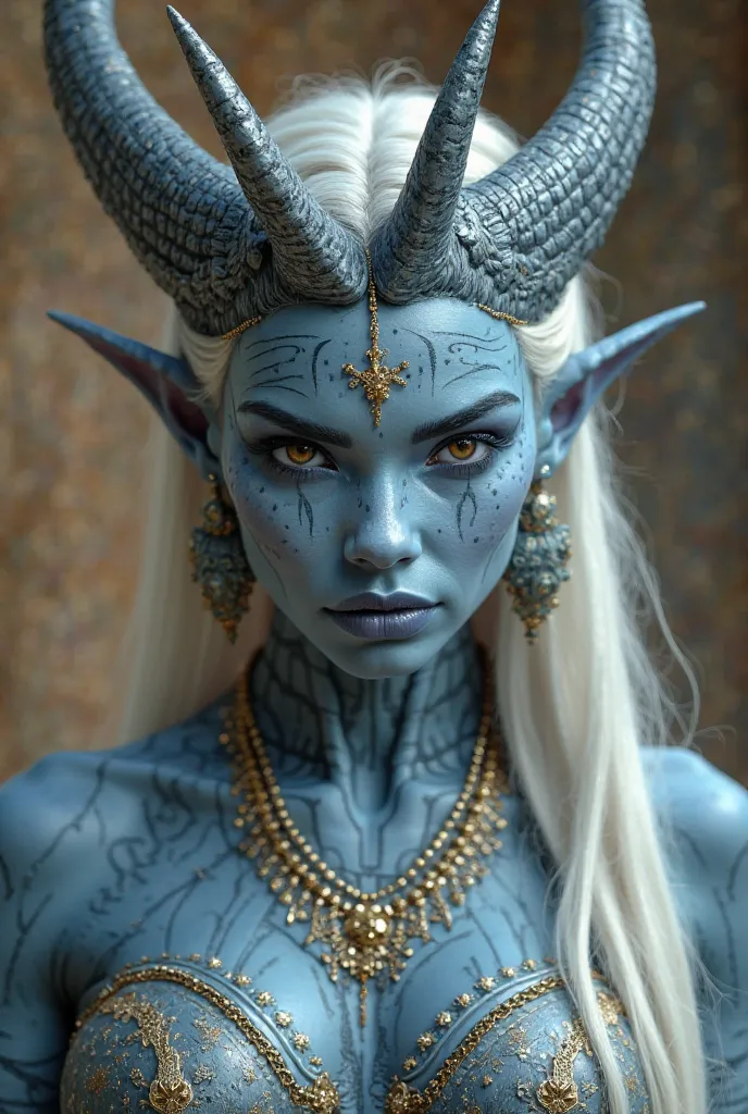 • Female Zabrak with a regal presence.
•Her skin has a baby blue hue, accentuated by intricate, black lineal facial tattoos.
• Her eyes are piercing, pale-colored.
• Distinctive to her species, she has a crown of six sharp, prominent horns adorning her hea...