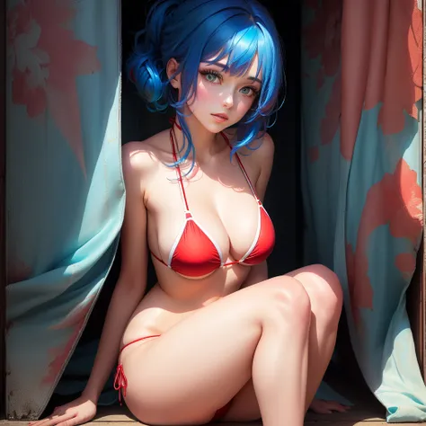 A woman resting on her knees, red bikini, blue hair clothing