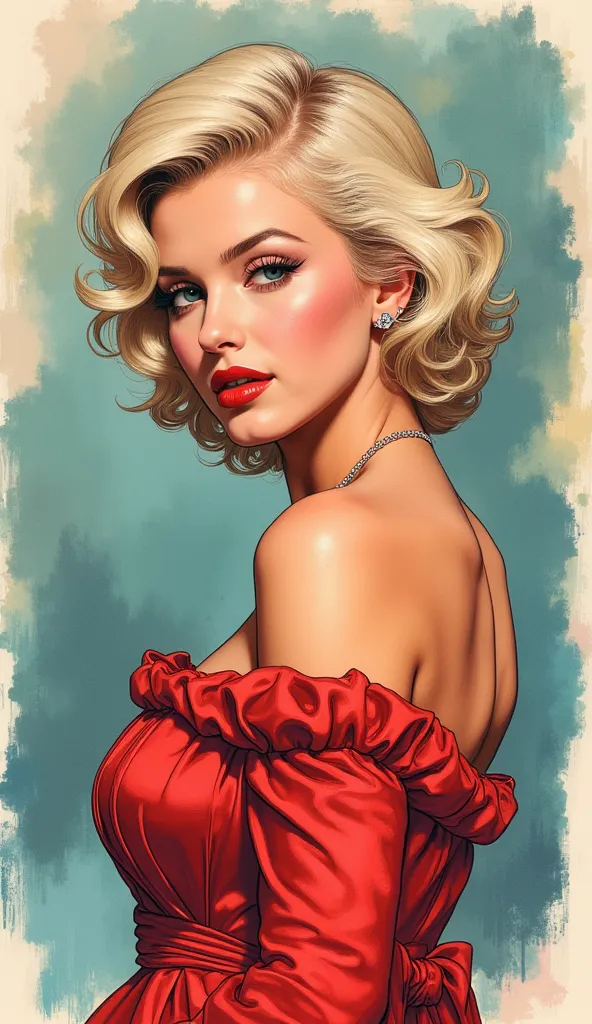 the proportions and detailed textures multicolored brushwork and softened with airbrush, a semi-realistic ink china illustration AMOR TENNYO con Marilyn Monroe anime (full body pose and in high quality attire, her facial features are delicate, innocent loo...