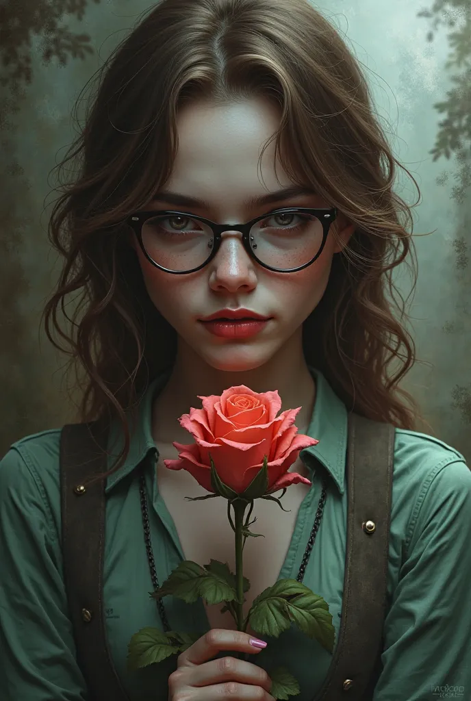 The Joker character is a beautiful girl with brown hair wearing glasses and a rose wearing modest clothes