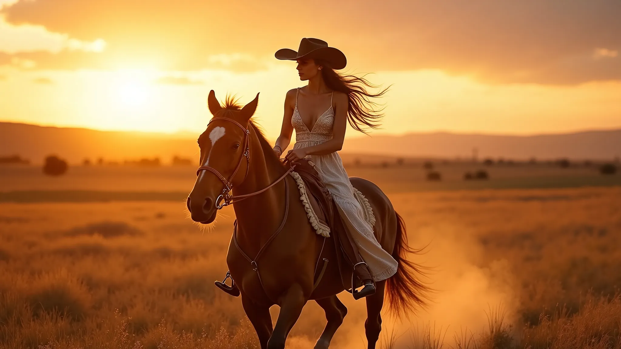 A stunningly beautiful and sexy young woman with long, flowing hair and a cowboy hat rides a majestic horse through a vast countryside at sunset. She is wearing a fitted, bohemian-style country top that highlights her toned figure, with the wind gently tou...