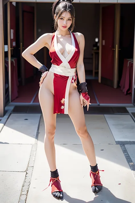 mai shiranui, (Full body:1.6), (black satin tabi:1.3), (wearing fitted black tabi:1.5), (Photo realistic:1.2), (masterpiece:1.2), (Best Quality), (ultra-detailed), (8K, 4K, Convoluted), (Flat Lighting:1.2), (skinny), Prestige, Brown eyes, Long brown hair, ...