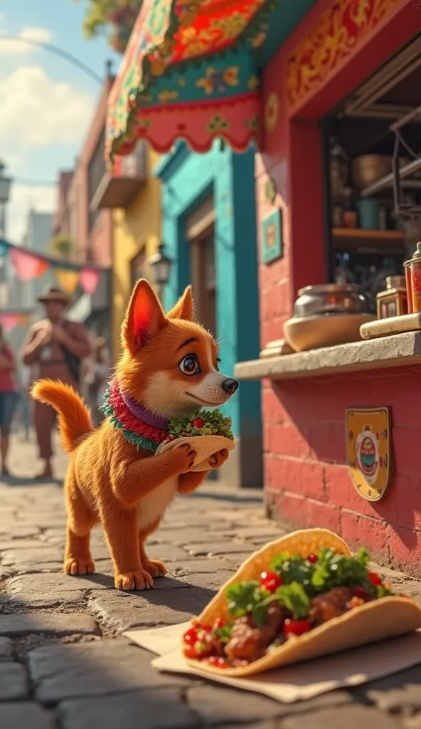 *Scene 4: Mexico City, Mexico*  
Arriving in Mexico City, Ginger finds a colorful street stand serving tacos. The aroma is irresistible! He picks up a taco loaded with grilled meat and spicy salsa, taking a big bite. His tail wiggles with excitement, and h...