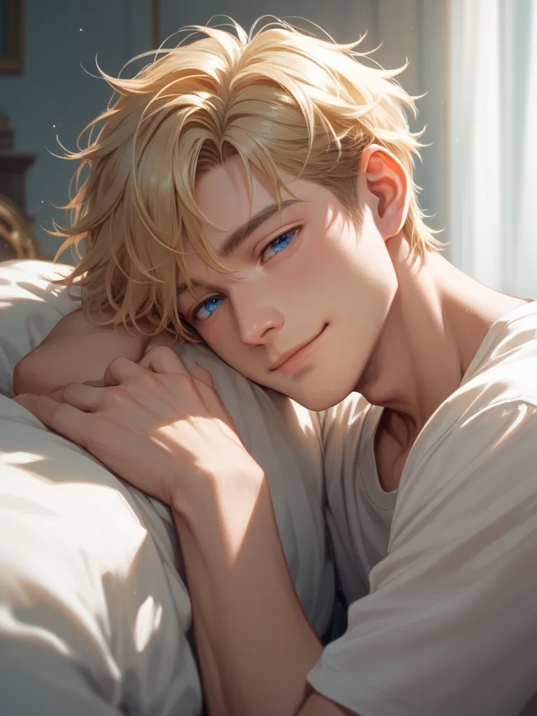 Male, royal, Short Hair, Blonde Hair, Blue eyes, High Resolution, Detail, Light Smile, Sleepy, Anime, 