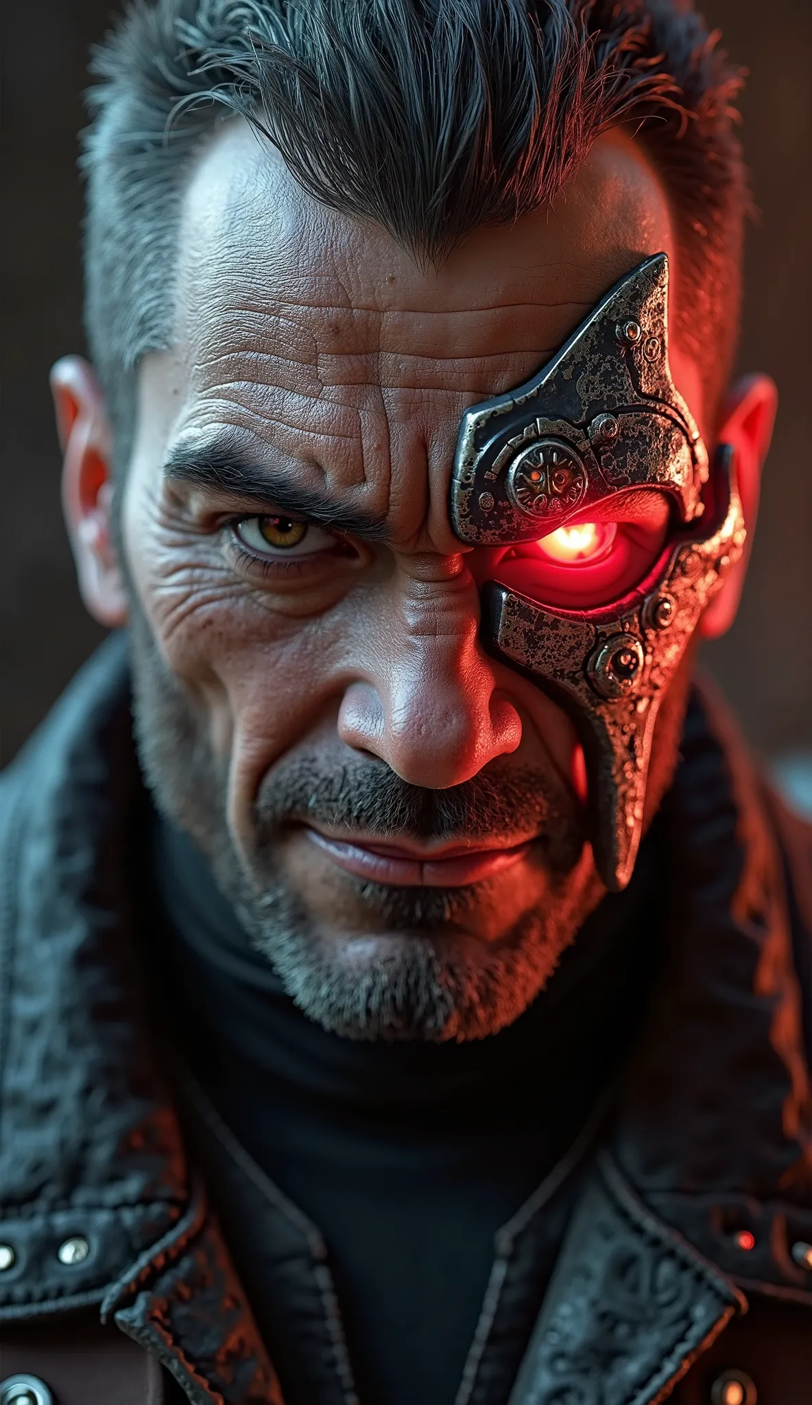 "Ultra-realistic, cinematic 4K close-up portrait of Kano from Mortal Kombat, capturing his intense and rugged expression. His right eye is replaced by a glowing red cybernetic implant, embedded in a metallic plate covering part of his face, emitting a fain...