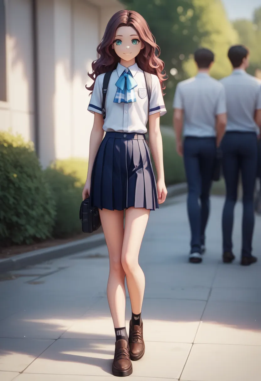 This high-quality photograph captures full body of a beautiful Japanese woman 19 years old with long, wavy brown hair and light skin, looking at viewer, sweet smile. She is thai junior high school uniform. She walking down the stair. The image was likely t...