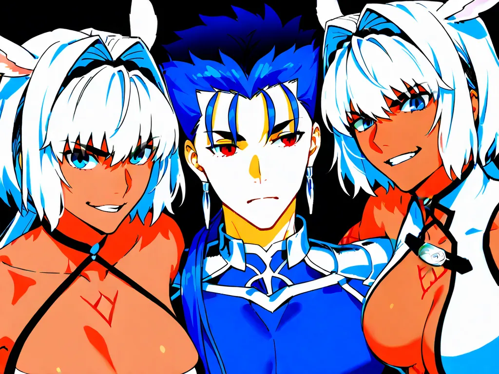 Cu_Chulainn(Fate),blue_hair, red_eyes, Caenis(Fate),White_hair, Blue_eyes, Dark-skinned_female, 1boy, 2girls