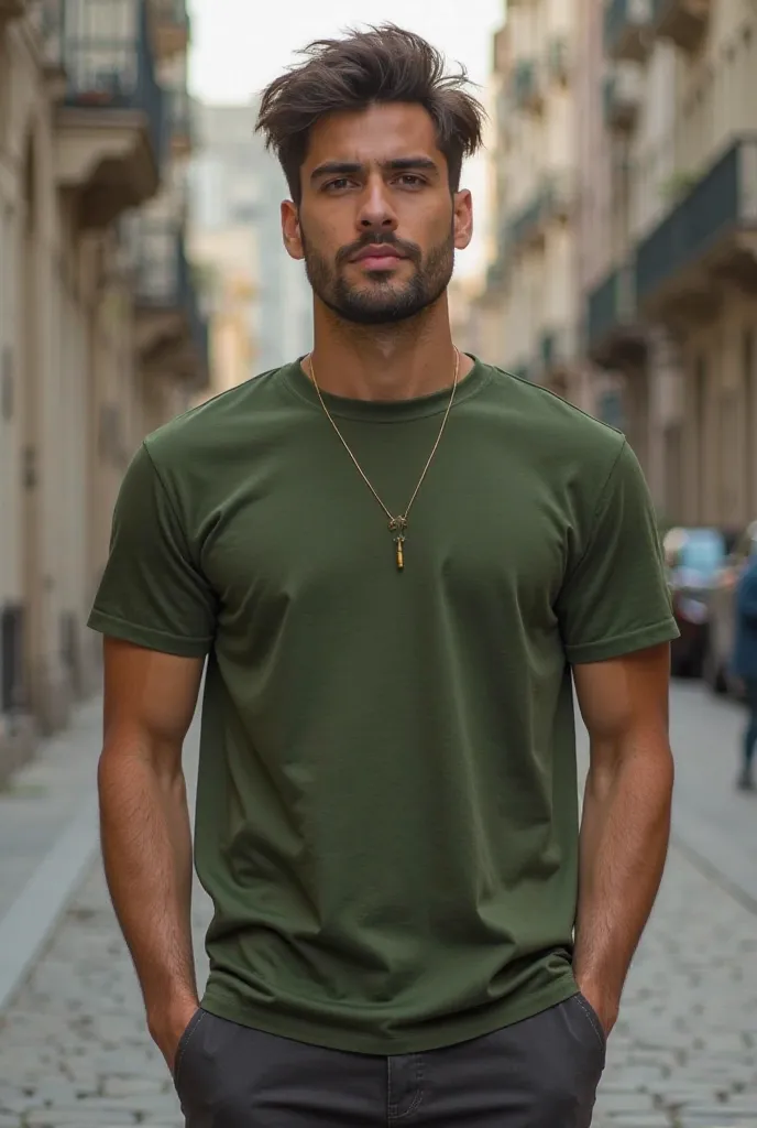 Create an image to sell 100 mesh t-shirt% Cotton thread 30.1 in the color military green Showing details. ultra realistic photos. Male model in the photo. The color has to be exactly as it is. The male model in the photo has to be extremely ultra realistic...