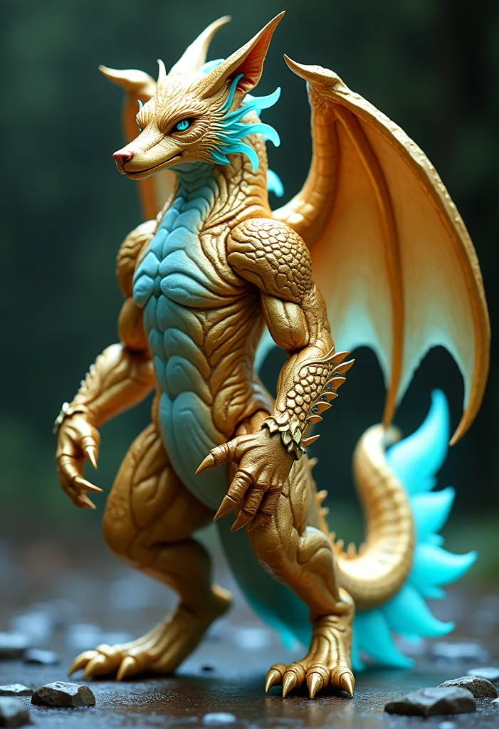 a humanoid gold wolf-dragon hybrid anthro with a cyan underbelly, cyan fur that runs along their spine, long and pointed gold ears, gold wings with a gold to cyan gradient, cyan eyes, muscular, digitigrade legs, a cyan flame shaped tail fin at the tip of t...