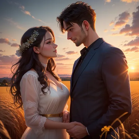 a man and a woman posing for a photo, loving couple, portrait de pareja, profile, ((oversaturated)), with the length, john jude palencar, portrait, Natural landscape,  cloudy sky , Field of hay, Golden light, sunset, oil painting,  PhotorRealist , 4k, ultr...