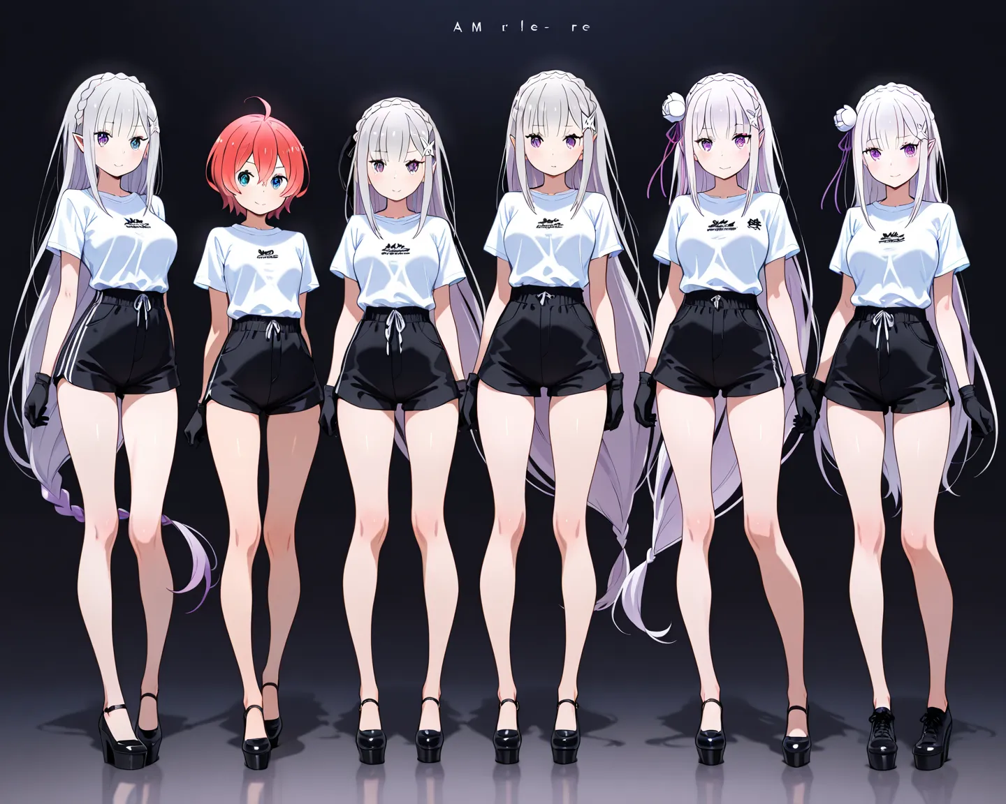 emilia(re: zero), 4girls, full body front, slim body, very long legs, standing, long hair, shirts, shorts, black gloves, black platform shoes, no socks, no stockings