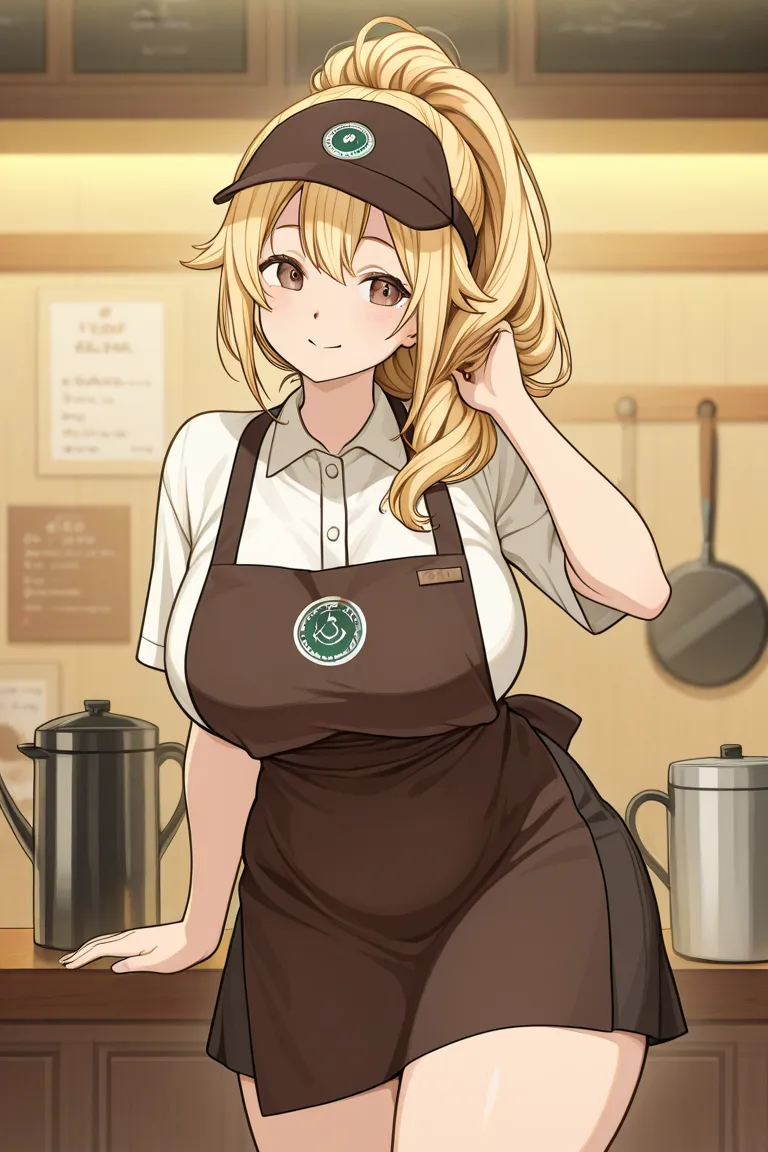 Anime style 18 year old girl. Her bodiy is chubby, her skin is dark brown, her hair is volumous and blonde. She is wearing a barista uniform, she is around 1,50cm tall and she is chubby