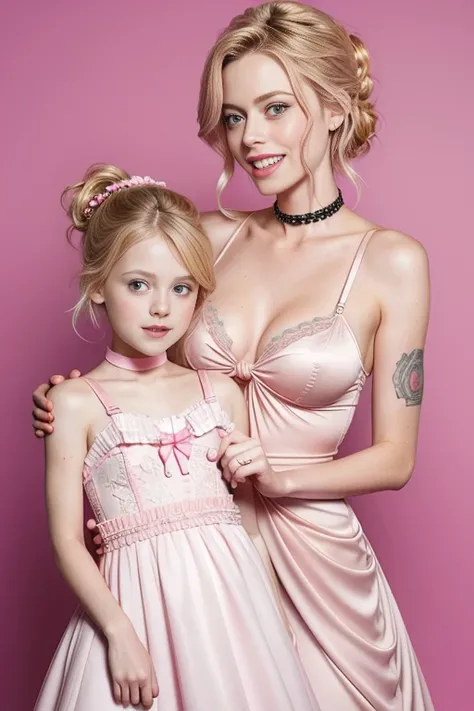 Super Skinny blonde Gillian Jacobs and her young age daughter, wearing pink wedding dress, she has a very long penis, she is grabbing her own penis, skull and crossbones tattoos all over her body, short hair tied up in a bun, screaming, smiling, her penis ...