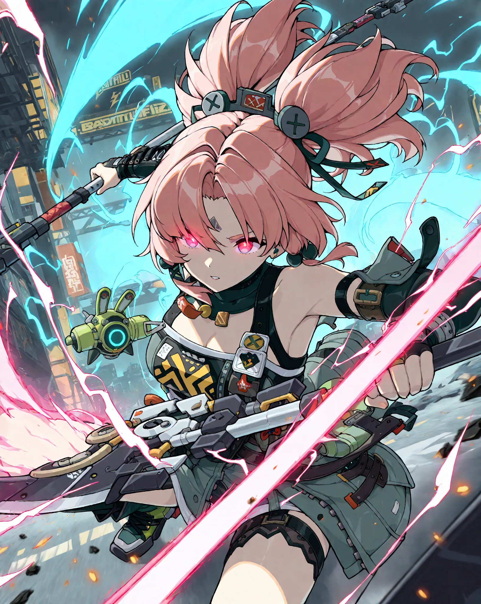 (Yanagi from zenless zone zero, 1girl, girl solo, pink hair, pink eyes), battlefild, battle, technology naginata, glowing eyes, blue electric aura