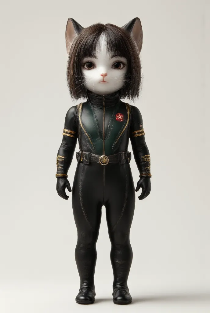 A baby anthropomorphic female cat, white color, straight dark brown hair falling to the shoulders and a distinct white streak across the forehead, wearing a tight shiny black bodysuit covering the entire body, featuring a dark green triangular section on t...