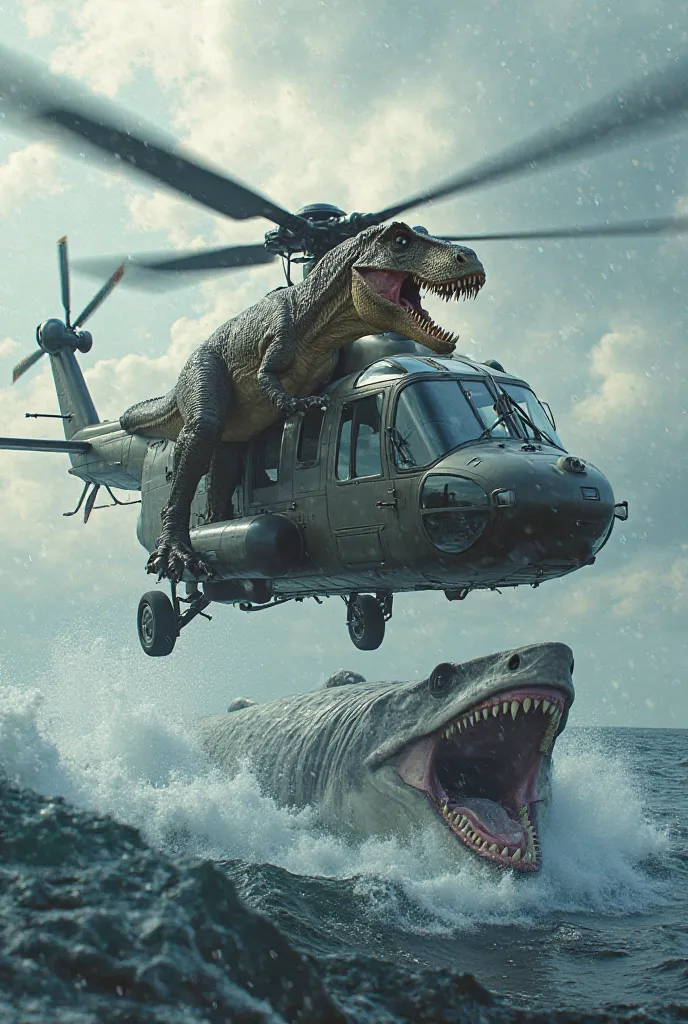 I want an image of a dinosaur driving a helicopter and the megalodon eating the helicopter