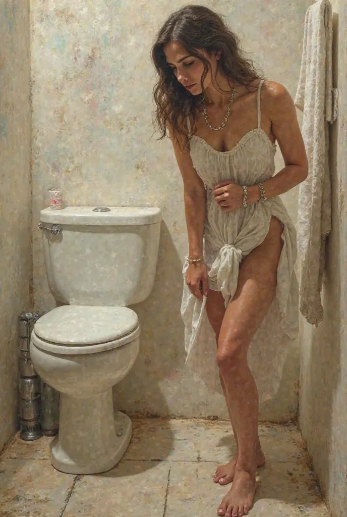 Please paint a picture of an enchanting white woman urinating
