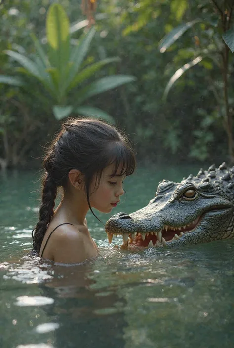 A girl is bathing in a pond.  And there a crocodile came and tried to eat the girl