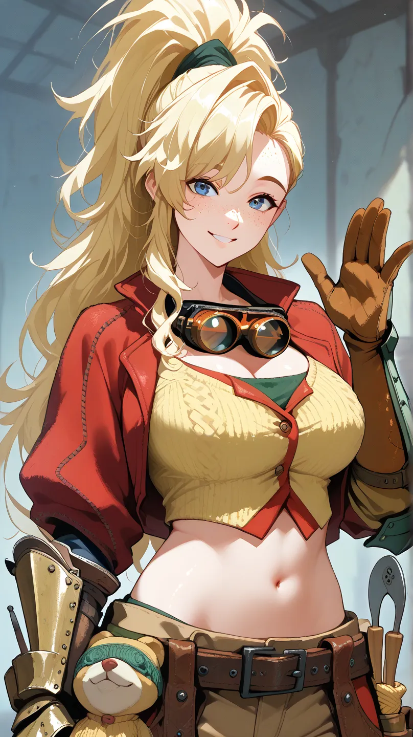 score_9, score_8_up, score_7_up,  source_anime, Alone, hidden hair, mhGemma, blonde hair, long hair, high ponytail, knitting glasses, blue eyes, freckles, goggles around his neck, red jacket, crop top, single gauntlet,  tool belt,  brown pants, Chaps, big ...