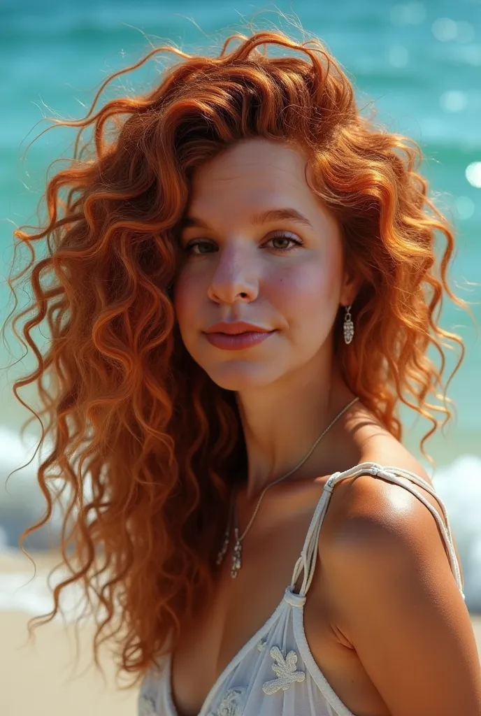 copper-colored hair , colocho , beach background with crystal clear waters , no changes in the face. 