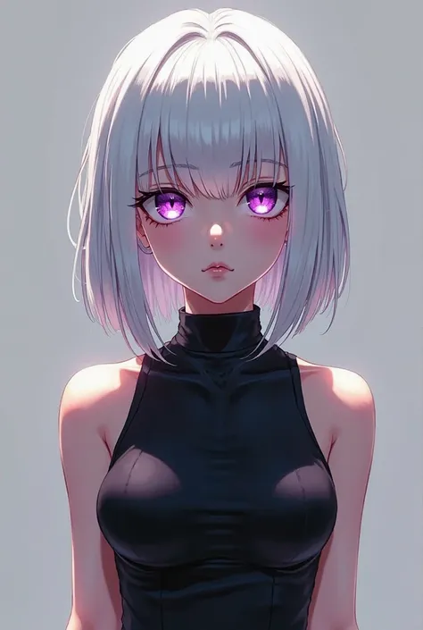 shoulder-length hair. white hair.  cute girl. killer. 2D Anime. black clothes. is expressionless. purple eye. 