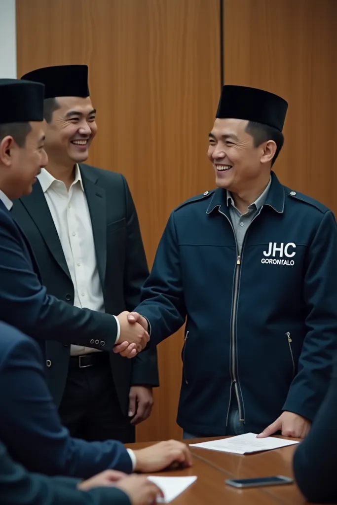 Make photos of the young boss with black hair, standing and shaking hands, with male employees in hats and women wearing headscarves, and also wearing dark blue clothes with the inscription JHC GORONTALO, in a closed meeting room, very realistic 