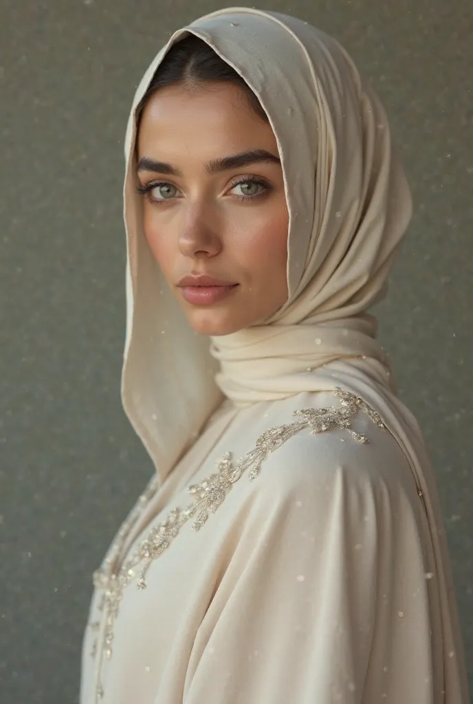 A beautiful white lady, about thirty years old, with a perfect body and average height, wearing modest clothing that covers her head and entire body. She has Arab features.