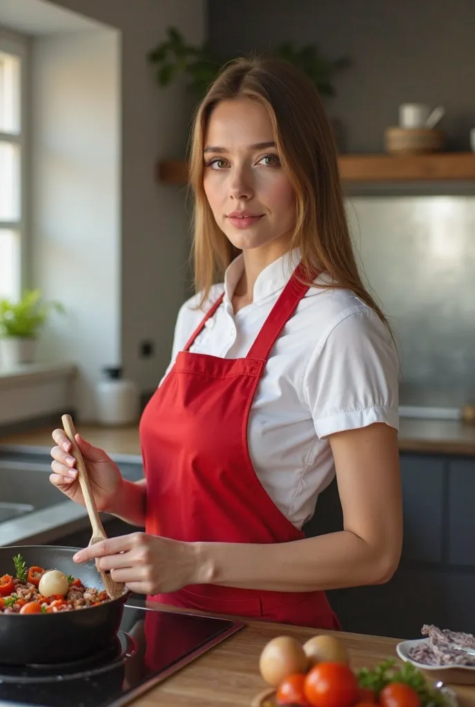 create an ultra-realistic, cinematic-quality image of a woman with straight, light brown hair, she is a cook and is wearing a tight-fitting red and white cook's uniform, she is beautiful and elegant, with a beautiful body, she is in a modern kitchen, with ...