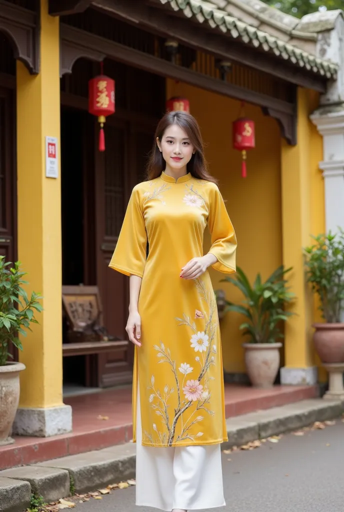 This image depicts a woman wearing a traditional Vietnamese ao dai. The ao dai is bright yellow with delicate floral and branch motifs, paired with white pants. She stands in front of a traditional house with a yellow background, an old tiled roof, and sur...