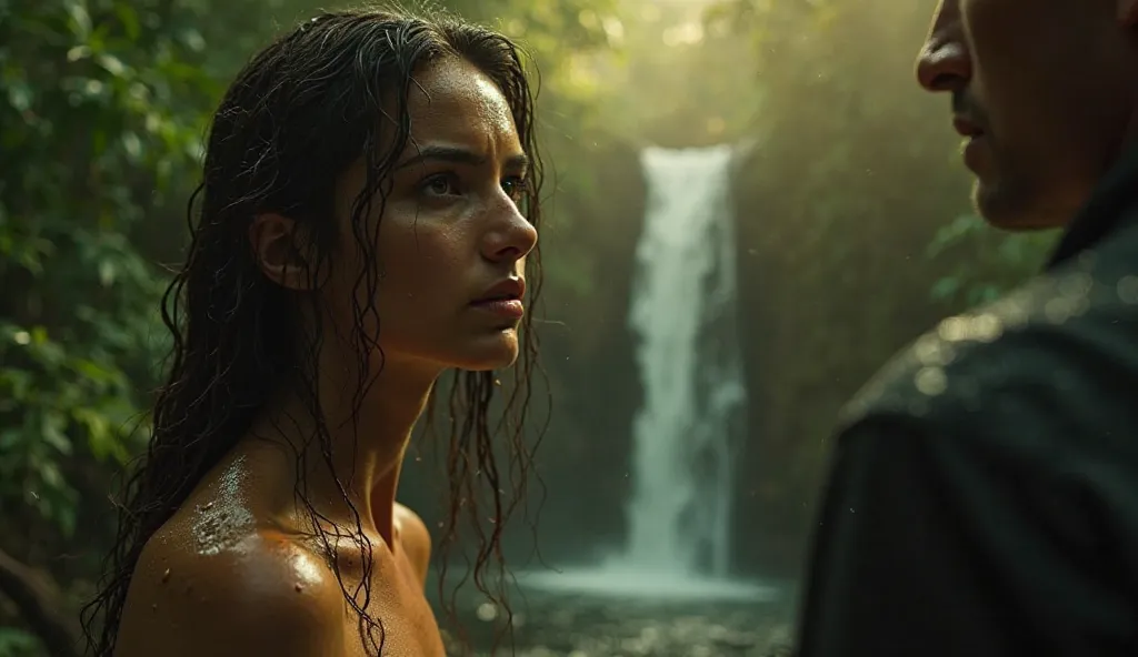 A cinematic thumbnail for a jungle mystery-romance film. The scene features a close-up of a beautiful young woman with wet hair and water droplets on her face, standing near a waterfall in a dense jungle. Her expression is a mix of fear and intrigue. In th...