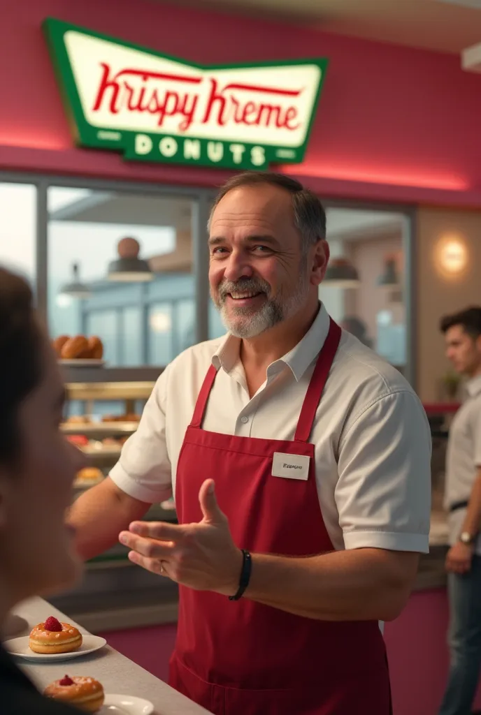 Create an image of an Argentinian man working at Krispy Kreme 