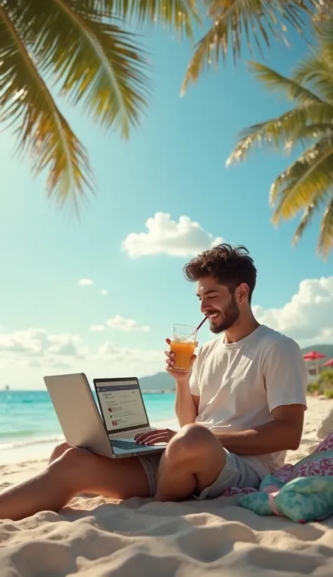 "A person relaxing on a tropical beach under a bright sky, sipping a drink, with a laptop open showing YouTube revenue notifications. They have a peaceful smile, enjoying the moment."